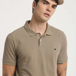 the bear house Men Solid Polo Neck Pure Cotton Beige T-Shirt image 2