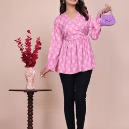 glam couture Casual Regular Sleeves Floral Print Women Pink Top image 4