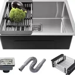 s r internationals Handmade Kitchen Sinks Size-24 X 18 X 10 Inch Matte Finish Rust-Proof 304 Grade Stainless Steel Kitchen Sinks With Waste Pipe Waste Coupling & Drain Basket Top Mount image 1