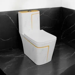 solano Dimond Quality LT08 White Marble commode with Yellow Finishing Line and Round Flush Button Western Commode image 2