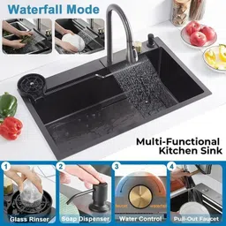 avier Nano Stainless Steel Handmade Kitchen Sink with Integrated Waterfall and Pull-Down Faucets/Soap Dispenser/ 2-Drain Basket, Smart Sink 30x18x9 Inches Vessel Sink image 3