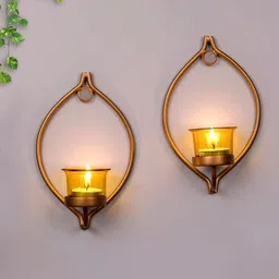 Set of 2 Decorative Golden Eye Wall Sconce/Candle Holder With Yellow Glass and Free T-light Candles Glass, Iron Tealight Holder Set-image-4
