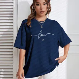 being wanted Women Printed Round Neck Pure Cotton Dark Blue T-Shirt image 2
