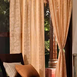 peepul tree Jaipuri Hand Block Printed Pure Cotton Peach & Yellow Pack of 2(7ft) Door Semi Sheer Curtains-picture-47