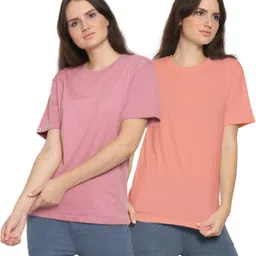 Pack of 2 Women Solid Round Neck Pure Cotton Pink, Orange T-Shirt-image-1