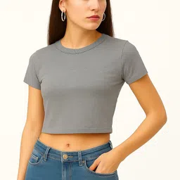 Women Solid Round Neck Cotton Blend Grey T-Shirt-image-5