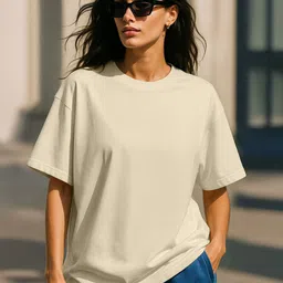 juneberry Oversized Women Solid Round Neck Pure Cotton Beige T-Shirt-picture-15