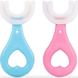 U-Shape Toothbrush Food Grade Silicone 360° Oral Cleaning (Heart Blue+Pink) Ultra Soft Toothbrush-image-0
