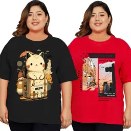 elite soul Pack of 2 Women Graphic Print Round Neck Cotton Blend Multicolor T-Shirt-picture-23