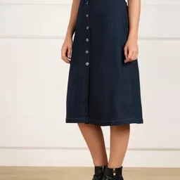 oioe Women Solid A-line Dark Blue Skirt image 1