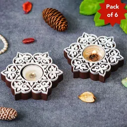 ecraftindia Multicolour Wood Wooden Floral Printing Block Decorative Tea Light Candle Holders (Set of 6) image 1