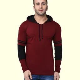 helmont HM-1001-Maroon Black Men Colorblock Hooded Neck Cotton Blend Maroon, Black T-Shirt-picture-13