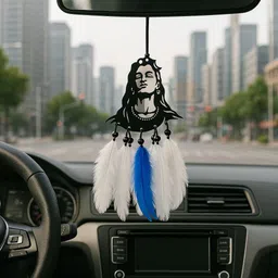 monssa AADI YOGI & Lord Shiva Metal Wall Hanging with Blue & White Feathers Car Hanging Ornament image 1