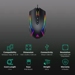 EKSA EM100 Wired Optical Gaming Mouse (8000 DPI Adjustable, Ergonomic Design, Black) image 2