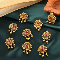 Yellow Chimes Gold-Plated Set of 9  Pink Choti Jadai Billai Bridal Hair Accessories-image-15