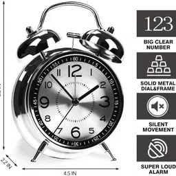 lufarp Analog Retro Twin Bell Non-Ticking Loud Alarm Clock with Backlight, Silver Clock image 3