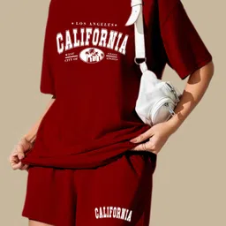 kshs Women Top & Shorts Set Maroon Printed image 1