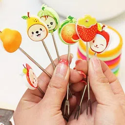 h&m store Cartoon Shaped Stainless Steel Fruit Fork Set With Round Stand Steel Baby Fork Set image 4