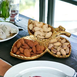 kridaykraft Metal 3 Part Leaf Shape Tray Perfect for Home Centre Table Serving Dry Fruits Brass Decorative Platter-picture-13