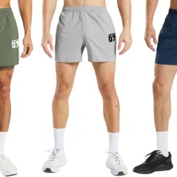 running machine Pack of 3 Solid Men Dark Blue, Grey, Green Sports Shorts-picture-18