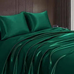 coolbeds Green Solid 400 TC Satin Single Fitted Bedsheet with 2 Satin Pillow covers image 3