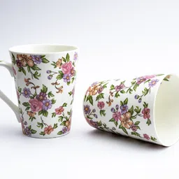 golden queens Ceramic Flower Print - Milk & Coffee, 300 Ml - Set of 2 (Multicolour-2) Bone China Coffee Mug image 3