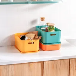 kuber industries Plastic (Set of 12) Plastic Storage Basket With Handle (Medium) Green, Yellow & Orange Storage Basket image 2