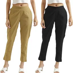 Pack of 2 Women Regular Fit Beige, Black Pure Cotton Trousers-image-52