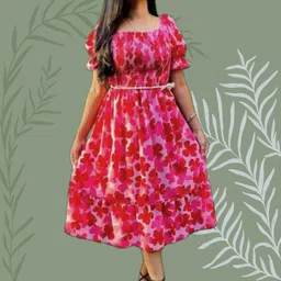 hoc's Women Fit and Flare Pink Midi/Calf Length Dress-picture-21