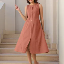 janasya Women A-line Orange Midi/Calf Length Dress image 3