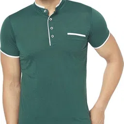 jangoboy Men Solid Henley Neck Cotton Blend Dark Green T-Shirt image 1