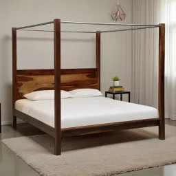 woodsworth from pepperfry Arahus Sheesham Wood Queen Size Poster Bed in Provincial Teak Finish image 1