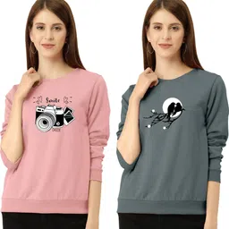 zentworld Pack of 2 Women Printed Round Neck Cotton Blend Beige, Grey T-Shirt-picture-17