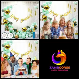 zambooree Bunting Birthday, 3 Gold star, 20 p Green 5 white 5 Gold Balloon, GLU ARC & Pump image 4