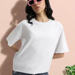 juneberry Oversized Women Solid Round Neck Pure Cotton White T-Shirt-picture-14
