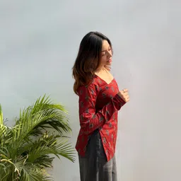 radhajithelable Casual Regular Sleeves Printed Women Maroon Top image 2