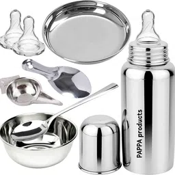 New Born Baby Full Gift Set Steel Feeding Bottle, Feeder, Spoons, Bowl, Plate - 250 ml-image-35