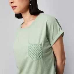 max Women Solid Round Neck Polycotton Beige T-Shirt image 3