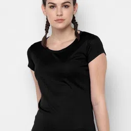 dsws Pack of 2 Women Sporty, Solid Round Neck Polyester Dark Blue, Black T-Shirt image 2