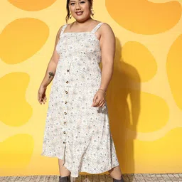 Berrylush Curve Beige & Black Floral Crepe A-Line Midi Dress image 5