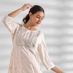 mokshi Round Neck Ethnic Embroidered Fit & Flare Maxi Dress with Tassels image 1