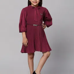 Macwin Girls Self Design Tie-Up Neck A-Line Dress-image-7