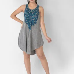 VELDRESS Women Grey & Teal Embroidered A-Line Dress-picture-29