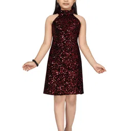 Aarika Girls Red & Black Sequin Embellished Halter Neck Net A-Line Dress-picture-41
