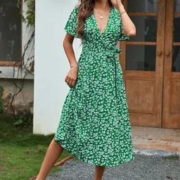 StyleCast Green Floral Print Flutter Sleeve Wrap Dress-image-76