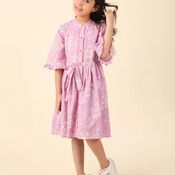 Fabindia Floral Printed Flared Sleeves Cotton A-Line Dress-image-7