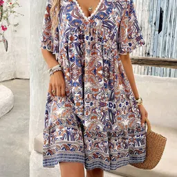 StyleCast x Revolte Blue Floral Printed V-Neck Flared Sleeves A-Line Dress-picture-36