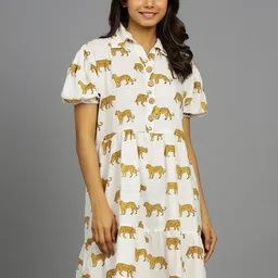 HANDICRAFT PALACE Tiger Print Collared Puff Sleeve A-Line Dress-picture-19