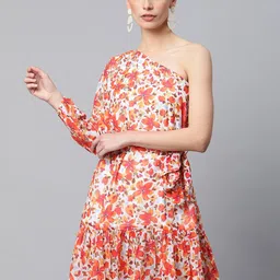 Global Republic Floral Print One Shoulder Puff Sleeve Fit and Flared Dress-image-0