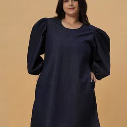 Turning Blue Plus Size Long Sleeves Round Neck Cotton Denim Short Dress-picture-35